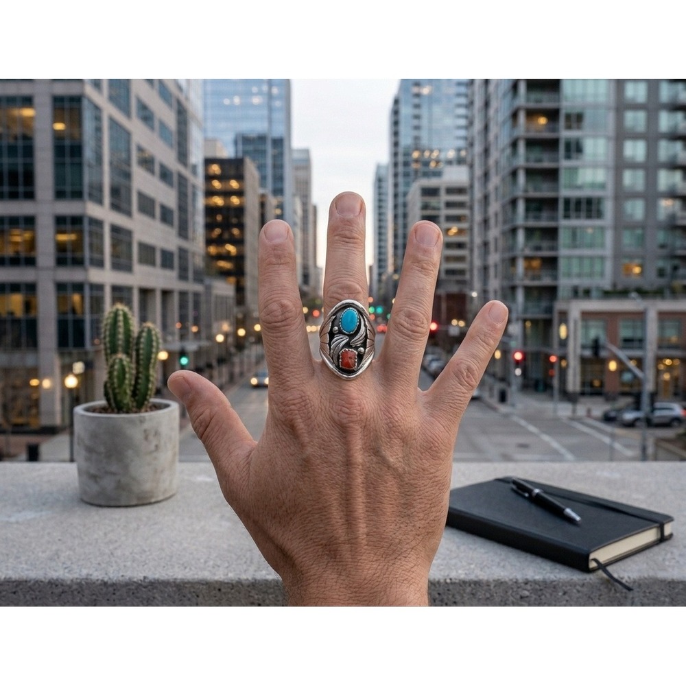 Navajo Men's Ring Sterling Turquoise Coral by J. Begay 9.75 Southwest Artisan***